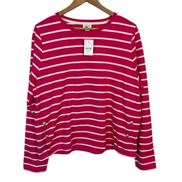 NEW J Crew Striped Side Button Shirt XL Pink Boatneck Long Sleeve Nautical NWT - Picture 2 of 8
